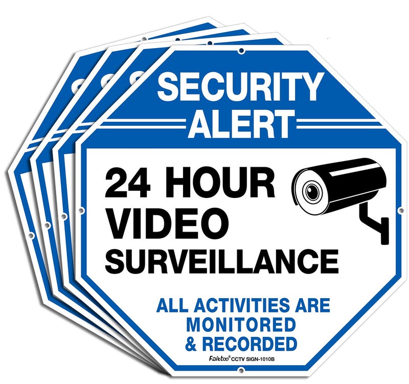 Faittoo (4 Pack)"Security Alert - 24 Hour Video Surveillance, All Activities Monitored" Signs,10 x 10 .040 Aluminum Reflective Warning Sign for Home Business CCTV Security Camera, Indoor or Outdoor Use,Blue - Image 1